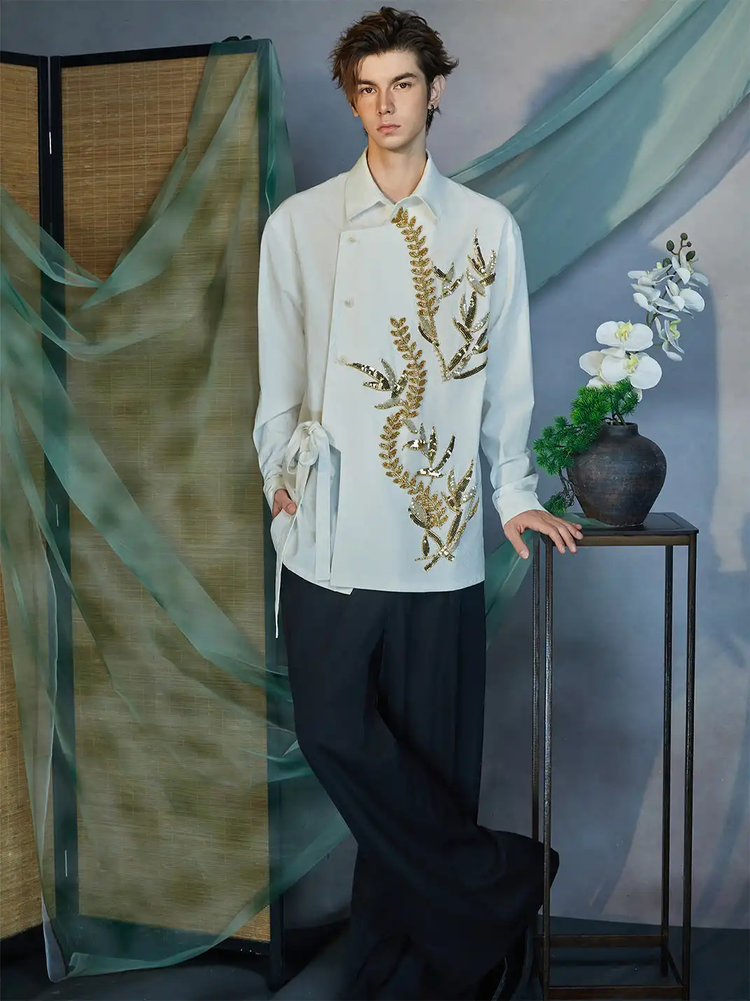 JIECHI | Sequin Leaf Embroidered Asymmetrical Wrap Shirt