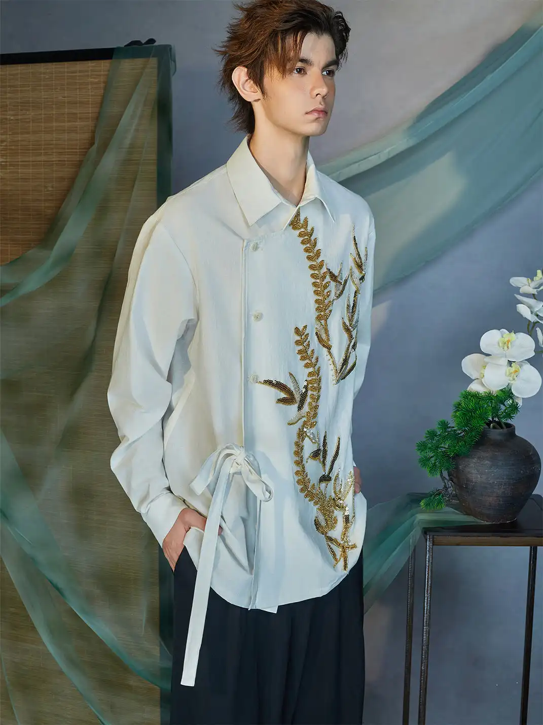 JIECHI | Sequin Leaf Embroidered Asymmetrical Wrap Shirt