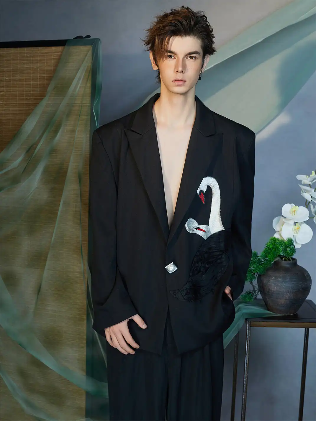 JIECHI | Swan Embroidered Pearl Button Blazer