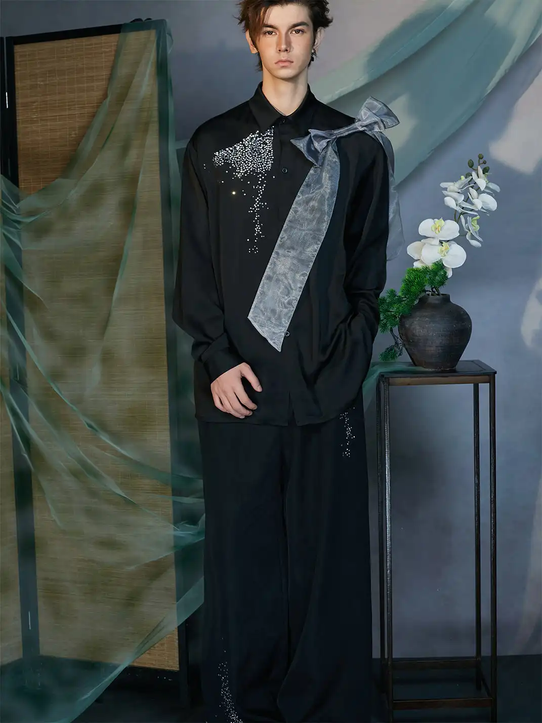JIECHI | Organza-Bow & Diamond Shirt