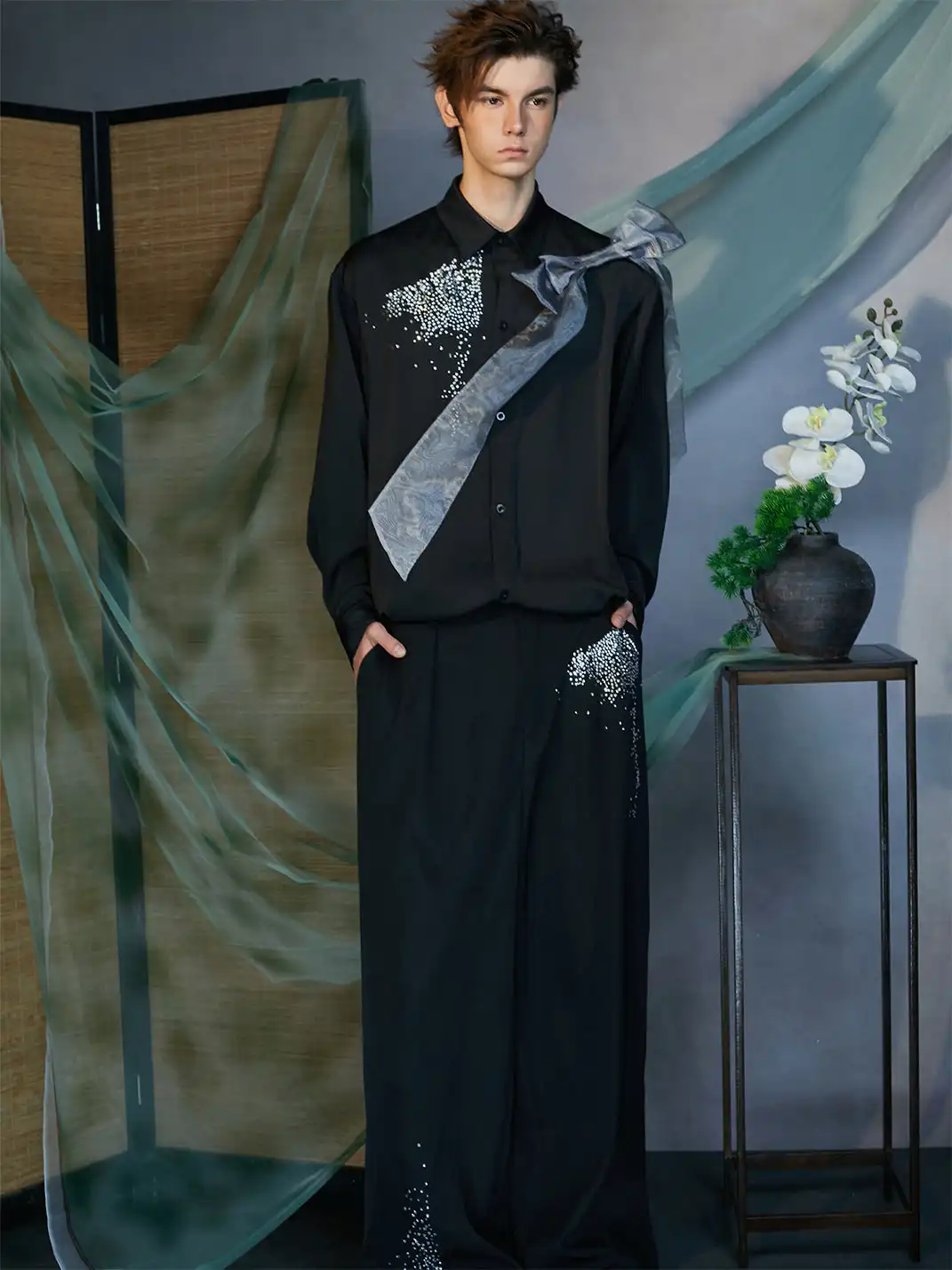 JIECHI | Organza-Bow & Diamond Shirt