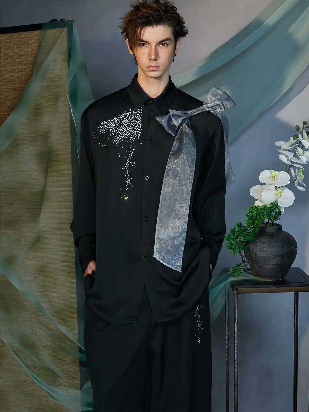 JIECHI | Organza-Bow & Diamond Shirt