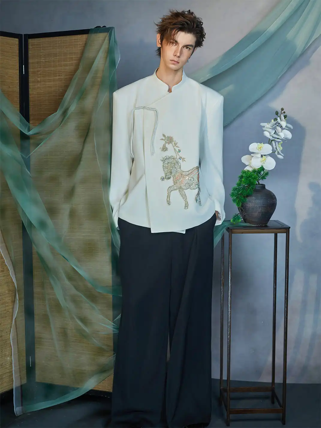 JIECHI | Embroidery Horse Asymmetric Wrap Jacket