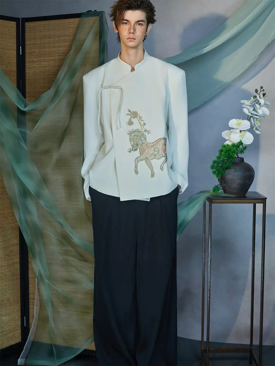 JIECHI | Embroidery Horse Asymmetric Wrap Jacket