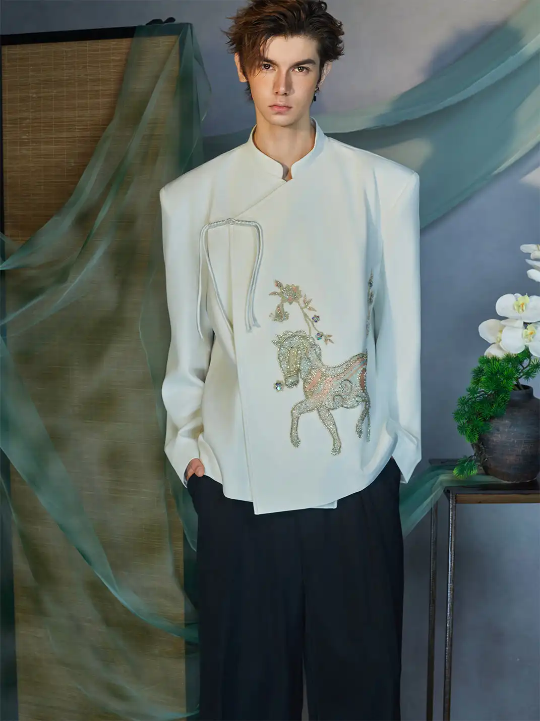 JIECHI | Embroidery Horse Asymmetric Wrap Jacket