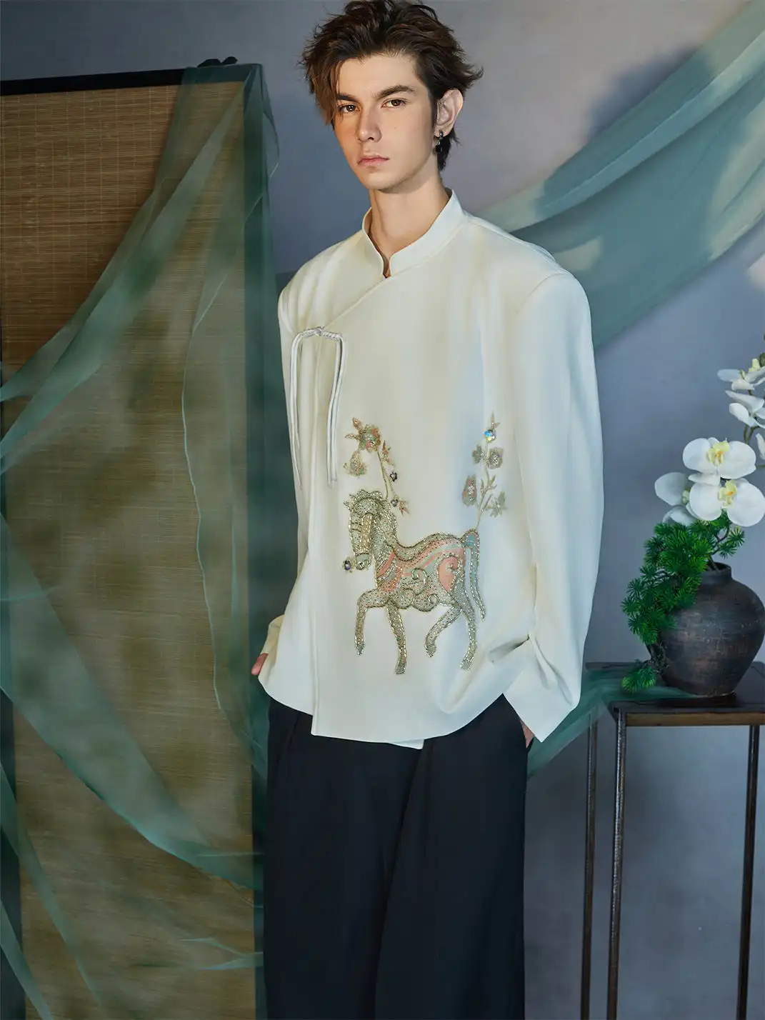 JIECHI | Embroidery Horse Asymmetric Wrap Jacket