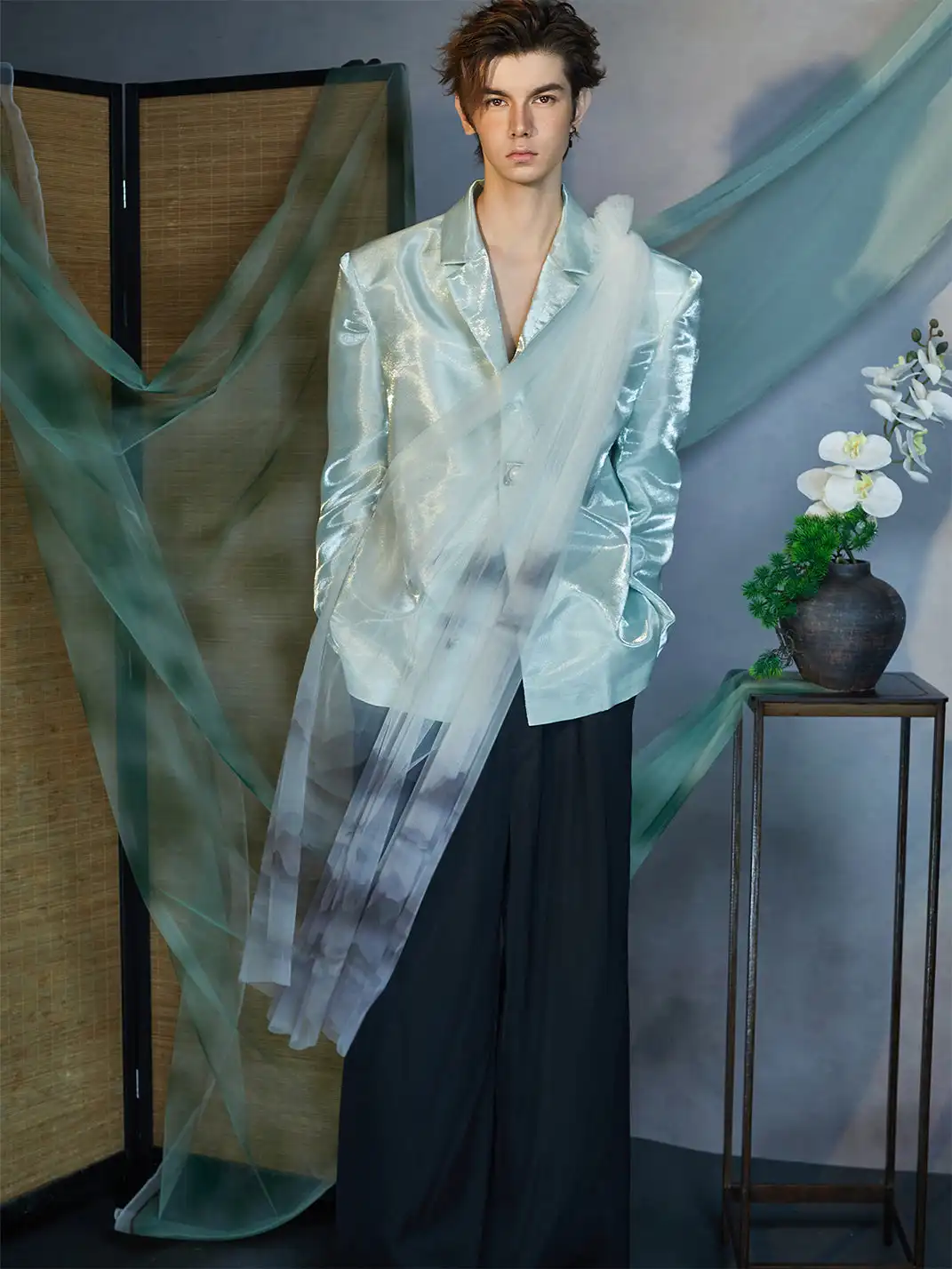 JIECHI | Gradient Tulle Drape Satin Blazer