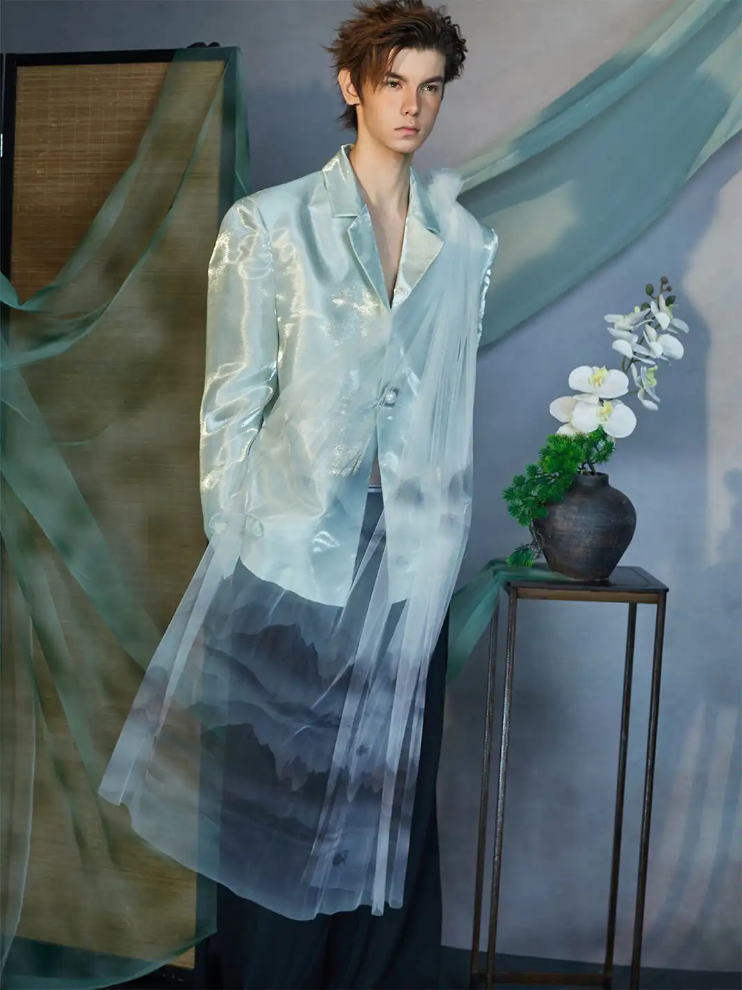 JIECHI | Gradient Tulle Drape Satin Blazer
