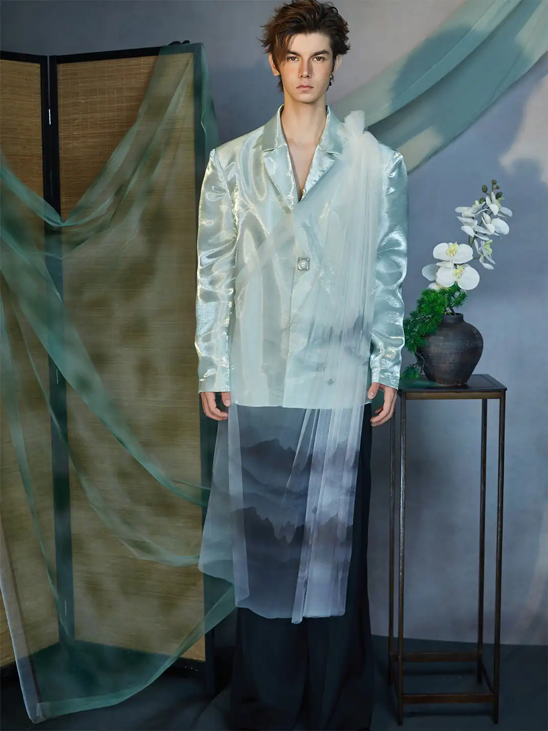 JIECHI | Gradient Tulle Drape Satin Blazer