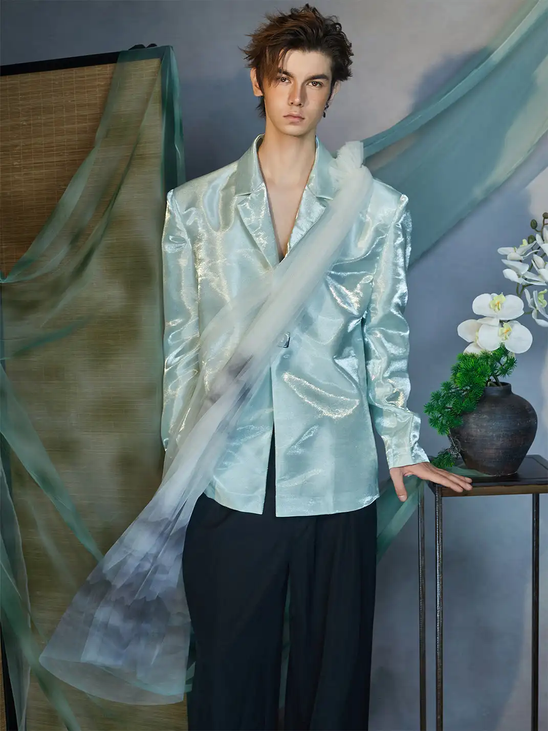 JIECHI | Gradient Tulle Drape Satin Blazer