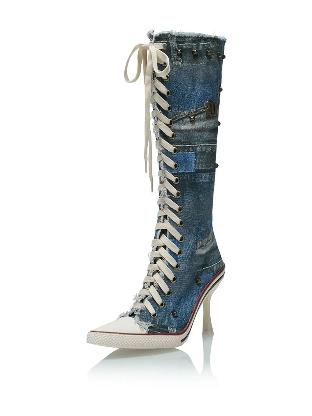 UnicornBlood | Distressed Denim Lace-Up High Heel Knee-High Boots