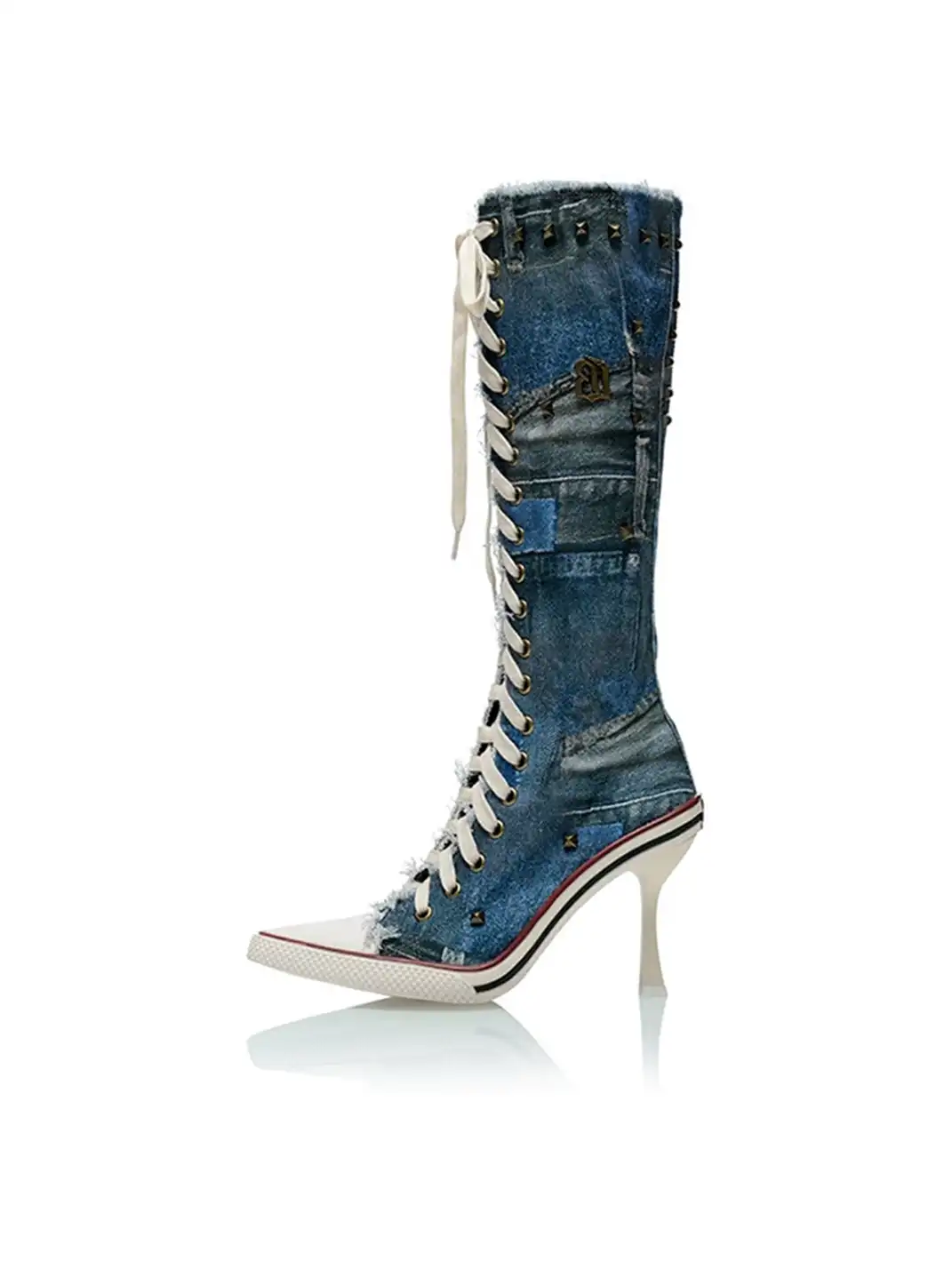 UnicornBlood | Distressed Denim Lace-Up High Heel Knee-High Boots