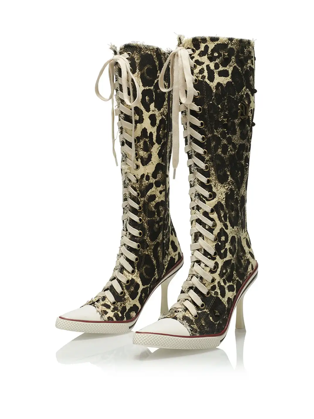 UnicornBlood | Distressed Denim Lace-Up High Heel Knee-High Boots