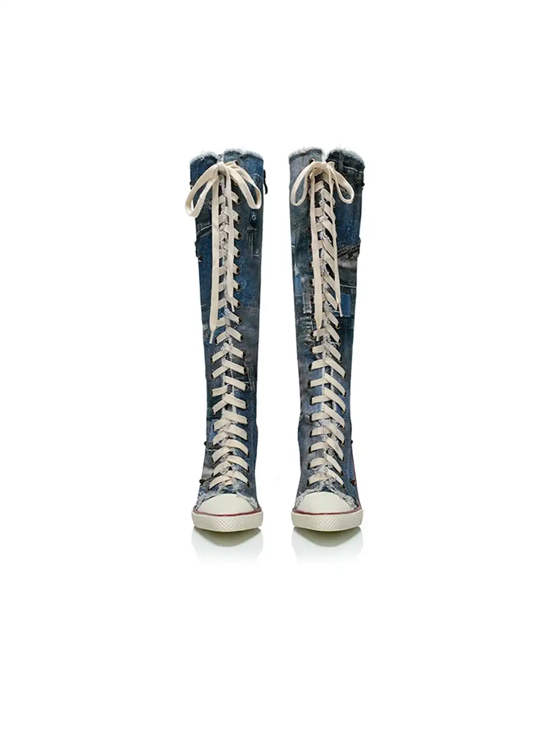UnicornBlood | Distressed Denim Lace-Up High Heel Knee-High Boots