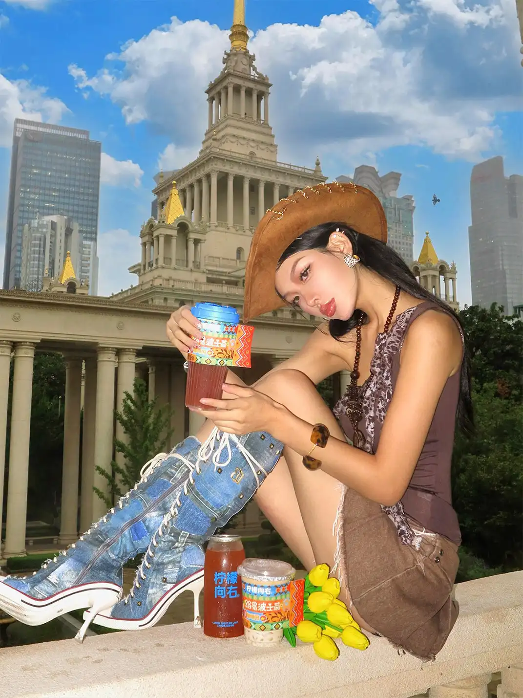 UnicornBlood | Distressed Denim Lace-Up High Heel Knee-High Boots