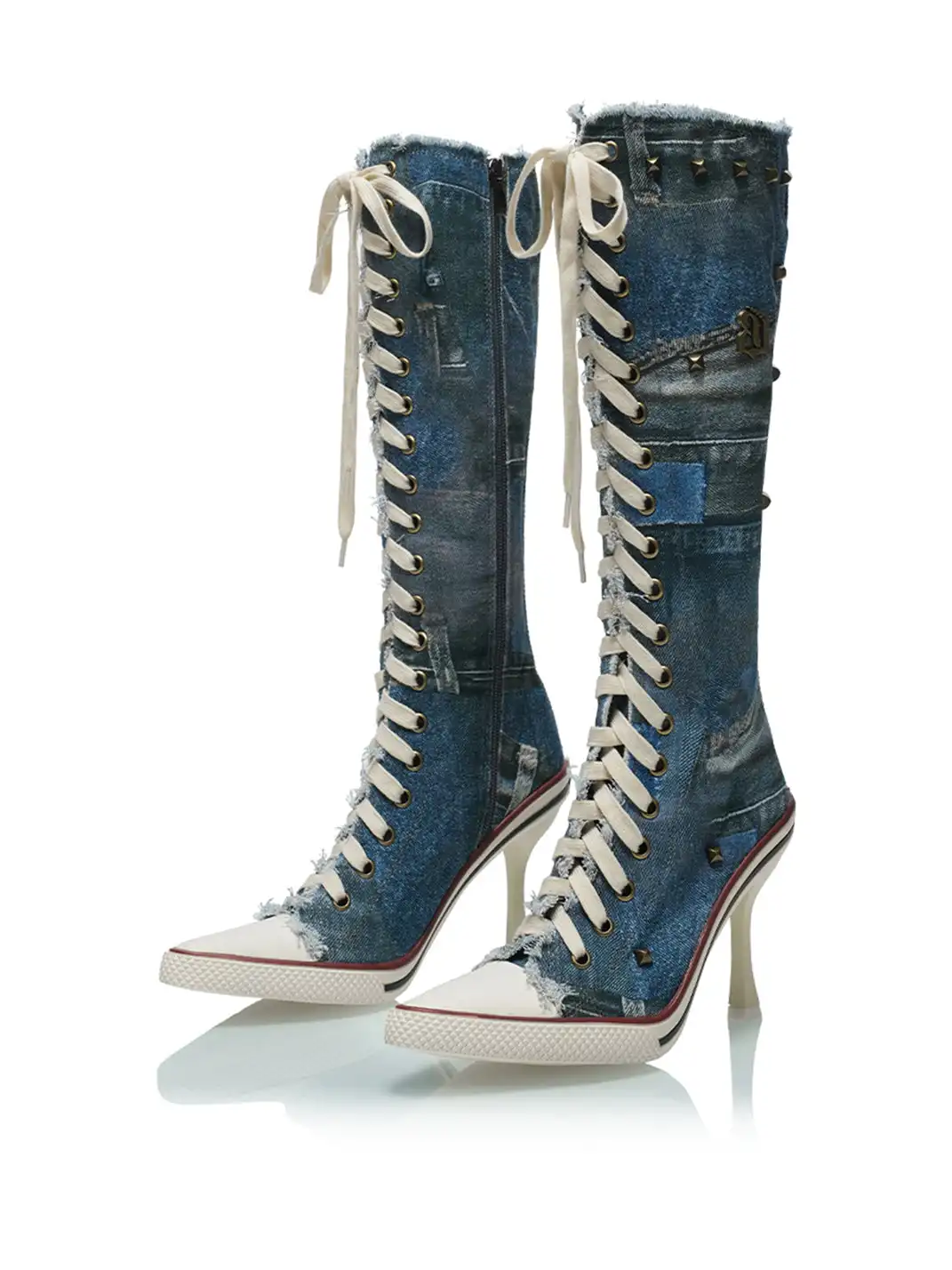 UnicornBlood | Distressed Denim Lace-Up High Heel Knee-High Boots
