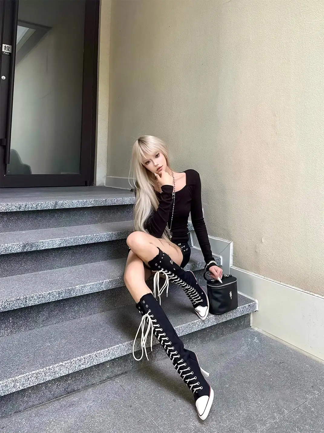UnicornBlood | Distressed Lace-Up High Heel Knee-High Boots