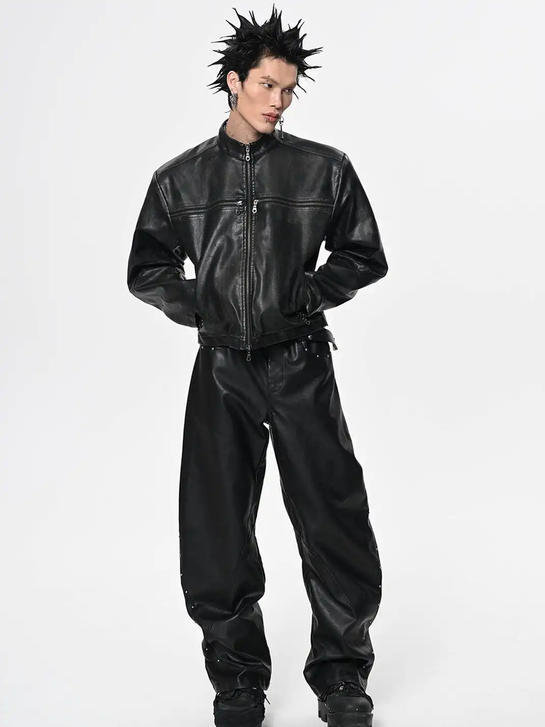 SGW | Crossed Spliced Rivet Faux Leather Jacket