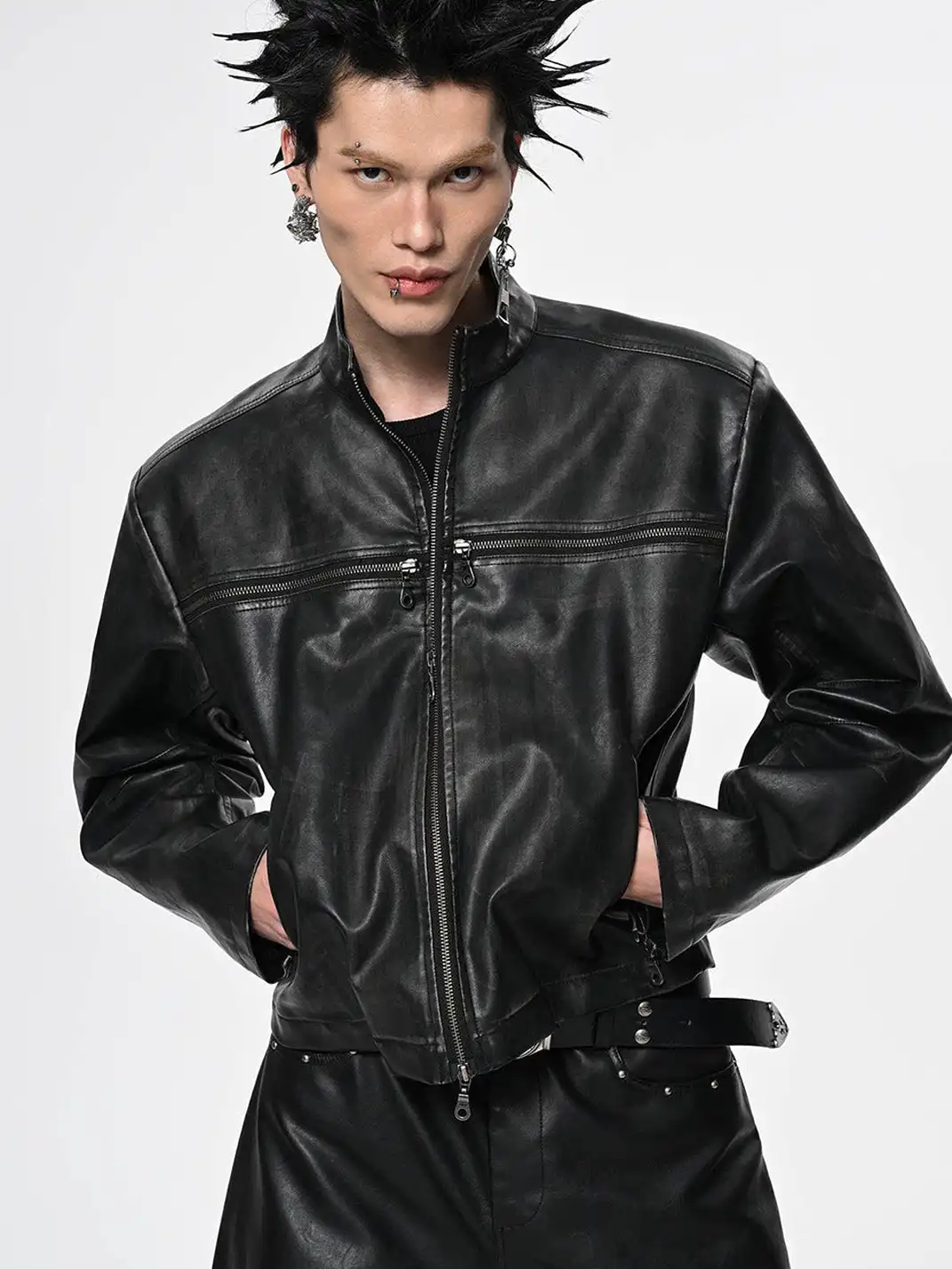 SGW | Crossed Spliced Rivet Faux Leather Jacket