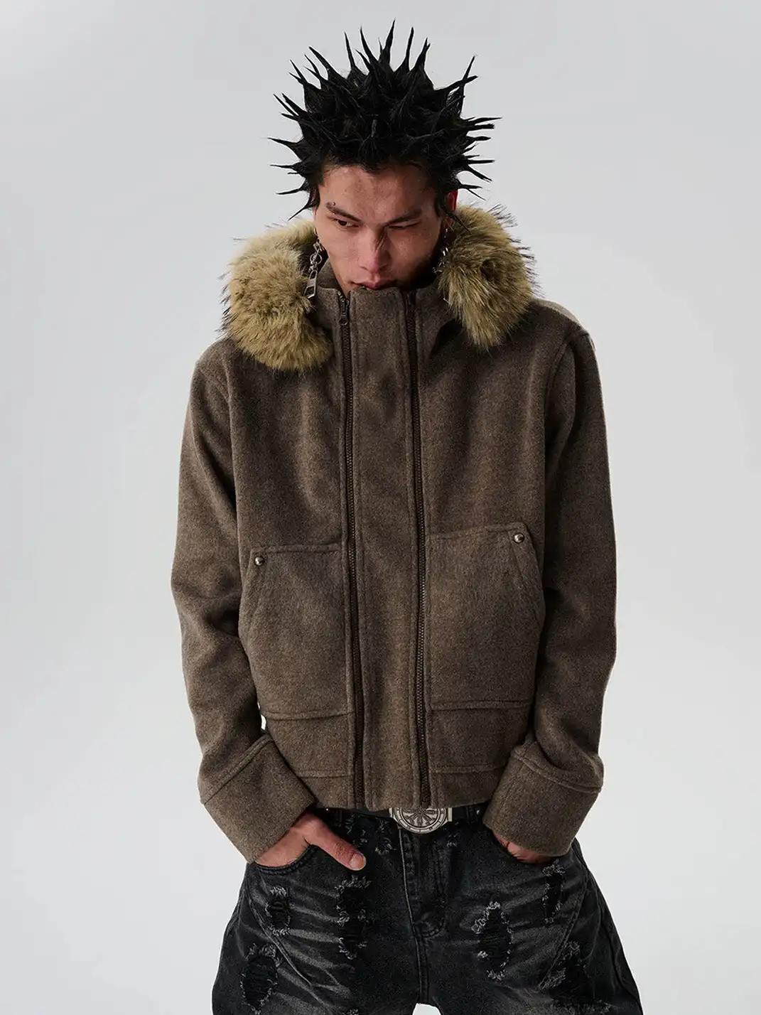 SGW | Detachable Fur Collar Double-Zipper Coat