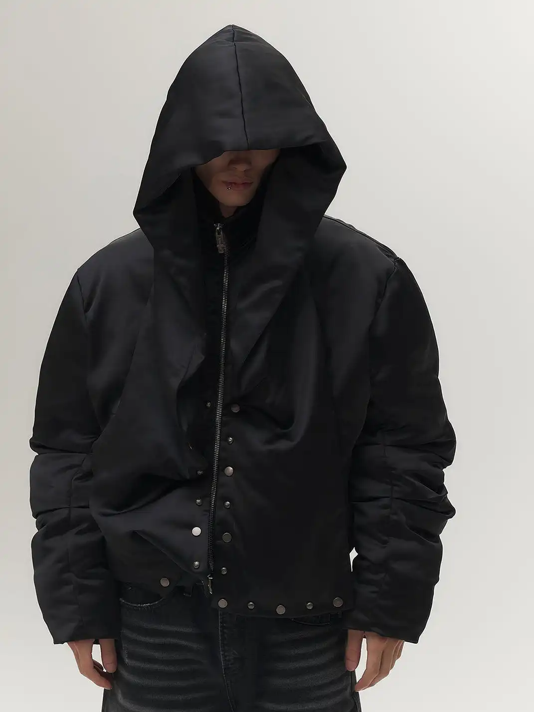 SGW | Detachable Hood Satin Oversized Bomber Jacket
