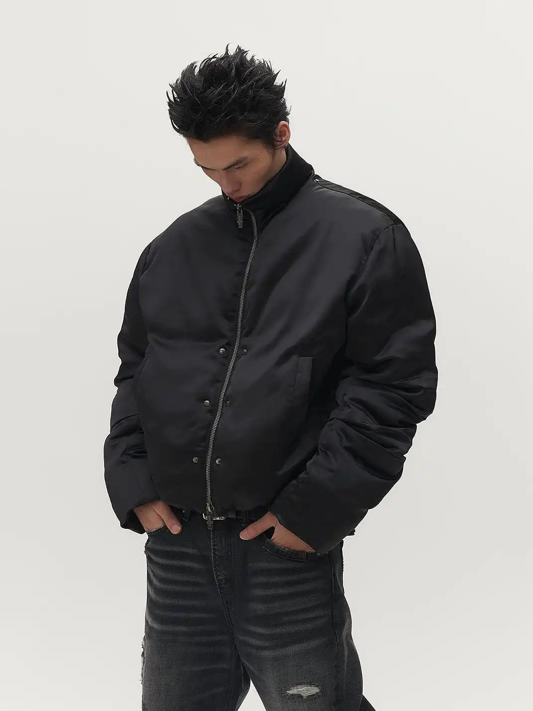SGW | Detachable Hood Satin Oversized Bomber Jacket