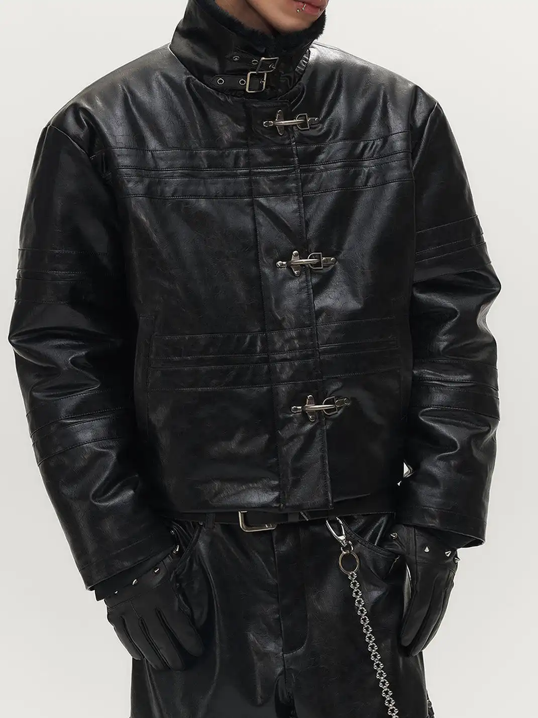 SGW | Hook Buckle Faux Leather Puffer Jacket