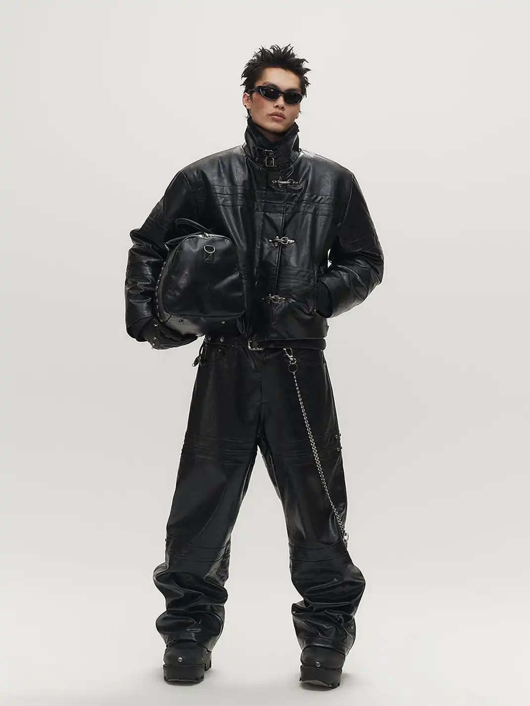 SGW | Hook Buckle Faux Leather Puffer Jacket