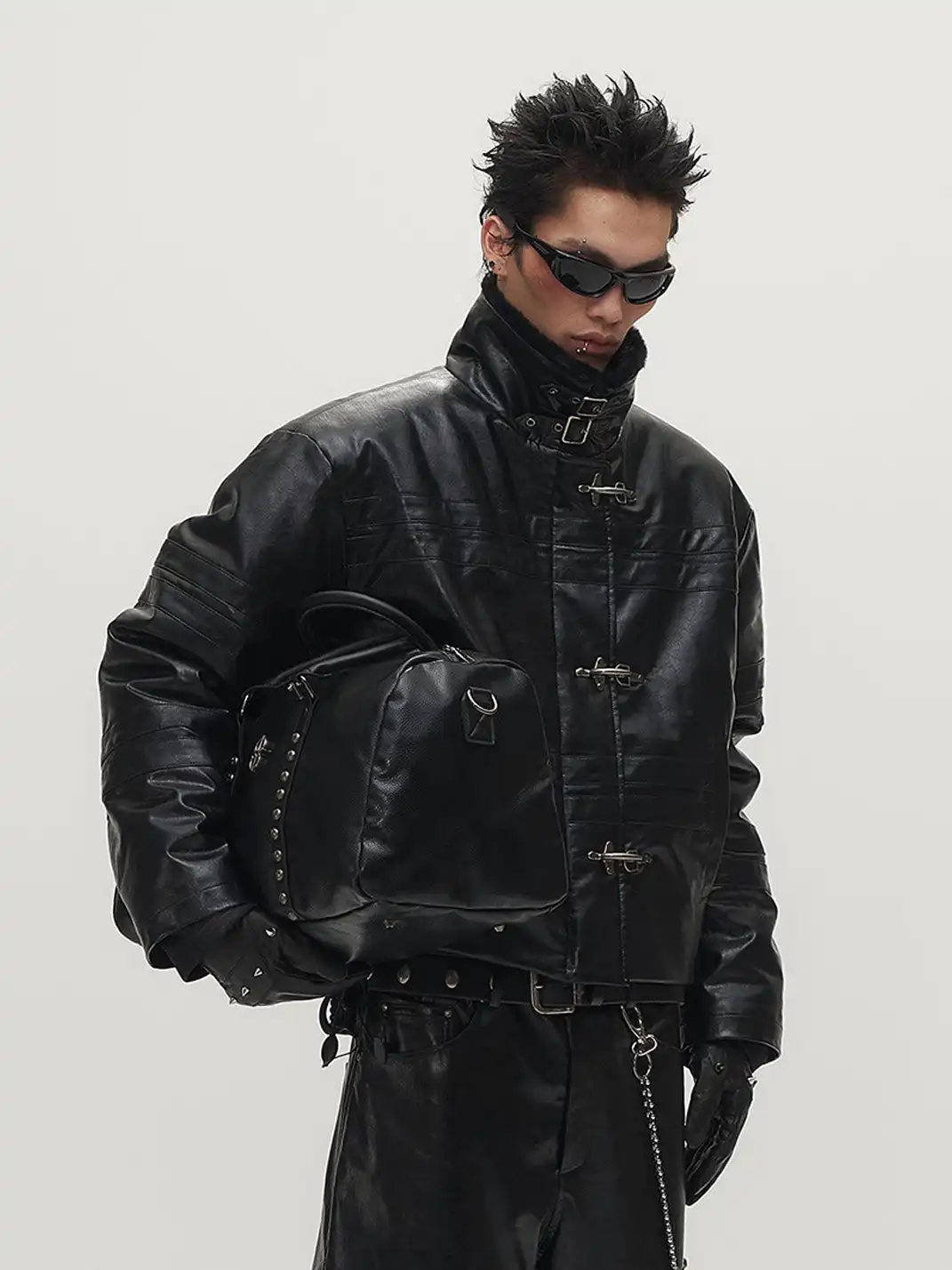 SGW | Hook Buckle Faux Leather Puffer Jacket