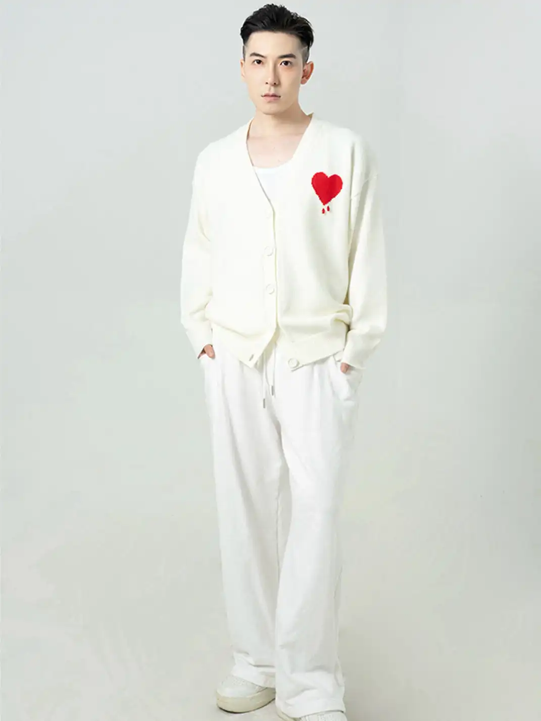 CLP | White Heart Bead Embellished Casual Knit Sweater