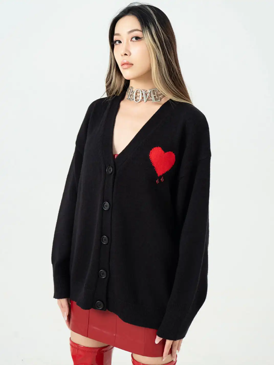 CLP | Black Heart Bead Embellished Casual Knit Sweater