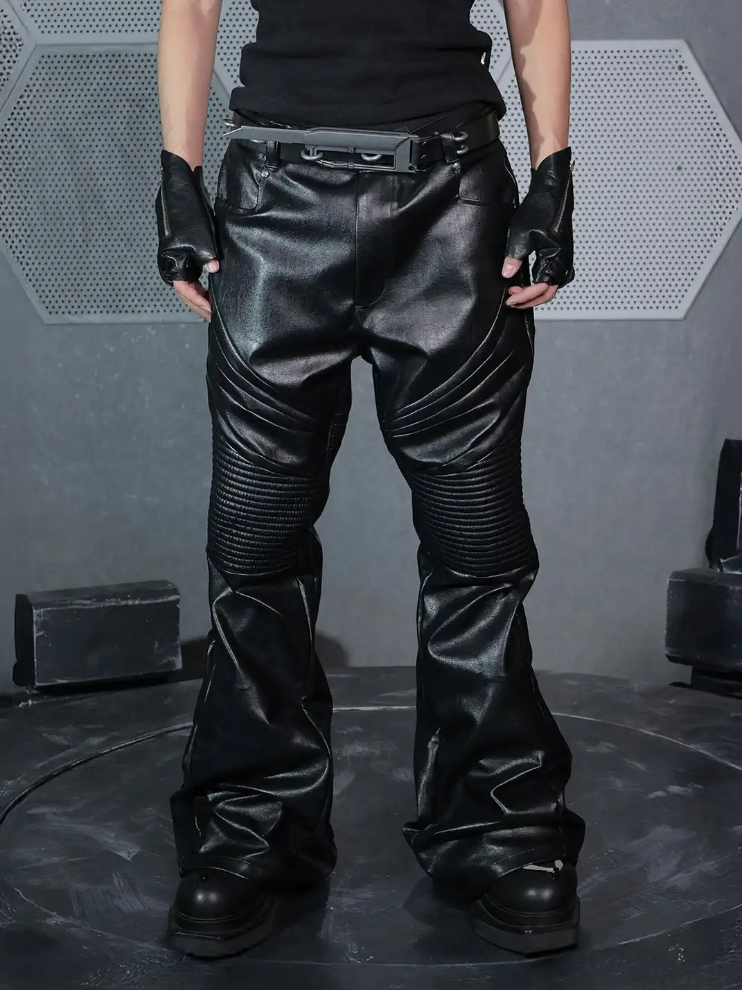 SSIN7 | Paneled Faux Leather Flared Pants
