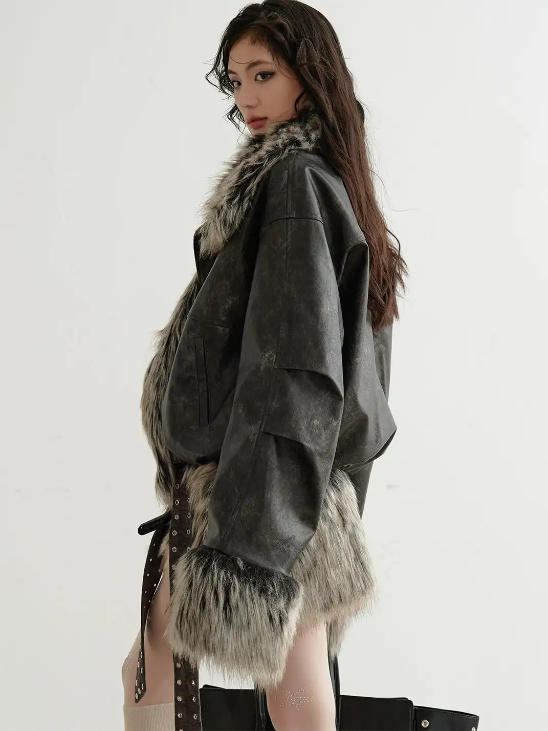 Jnylon Studios | Two-Way Plaid PU Faux Leather Jacket
