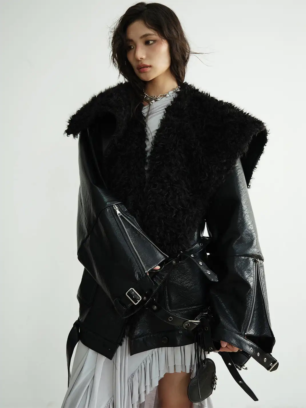 Jnylon Studios | Mid-Length Heavyweight PU Leather Silhouette Jacket