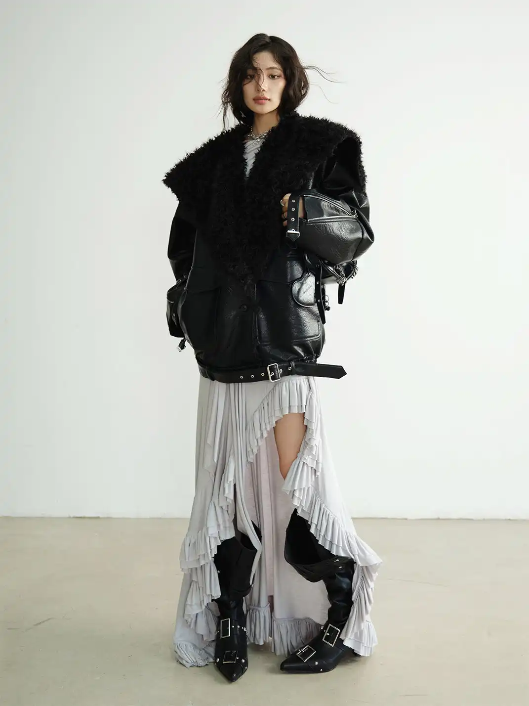 Jnylon Studios | Mid-Length Heavyweight PU Leather Silhouette Jacket