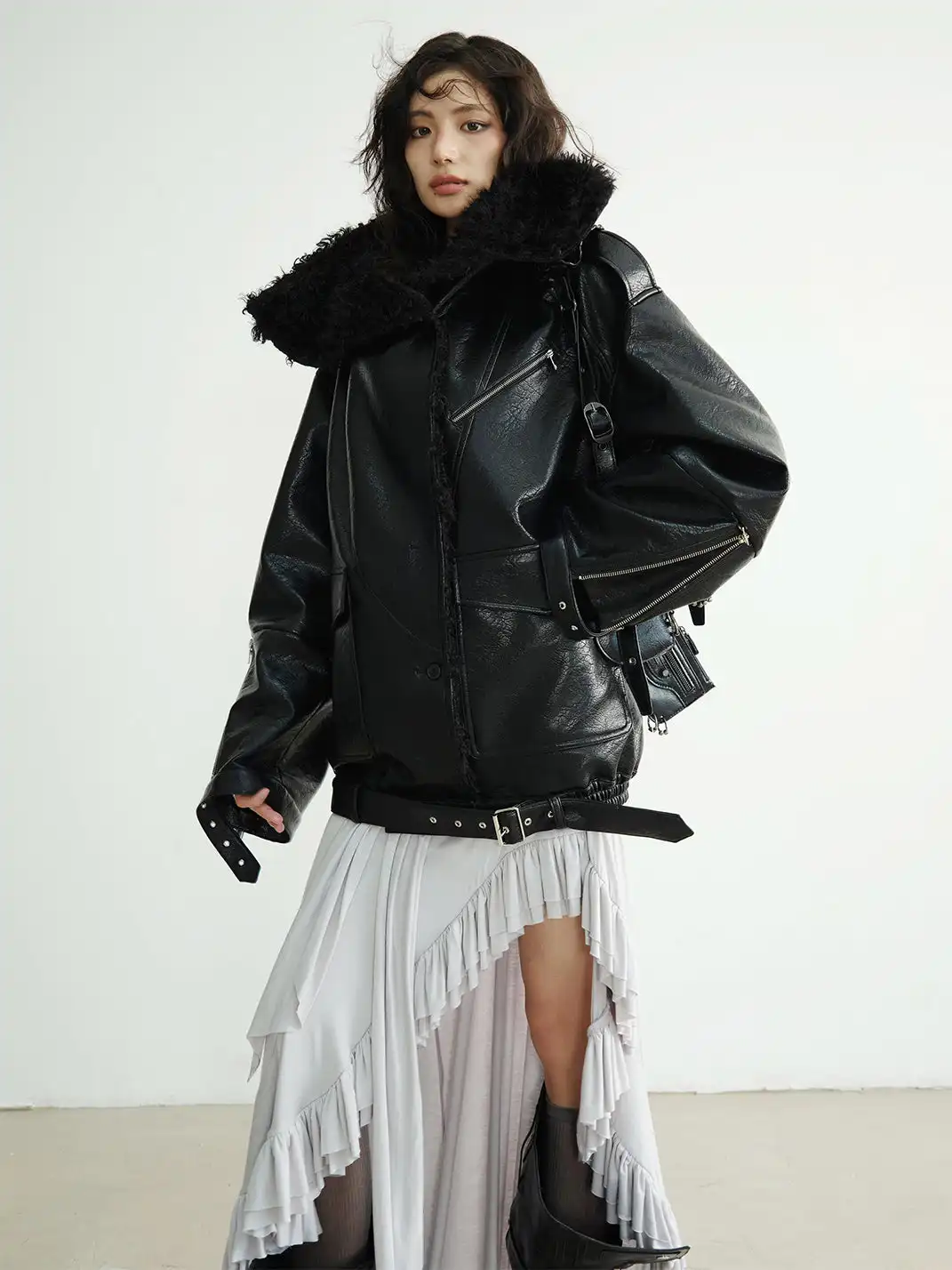 Jnylon Studios | Mid-Length Heavyweight PU Leather Silhouette Jacket