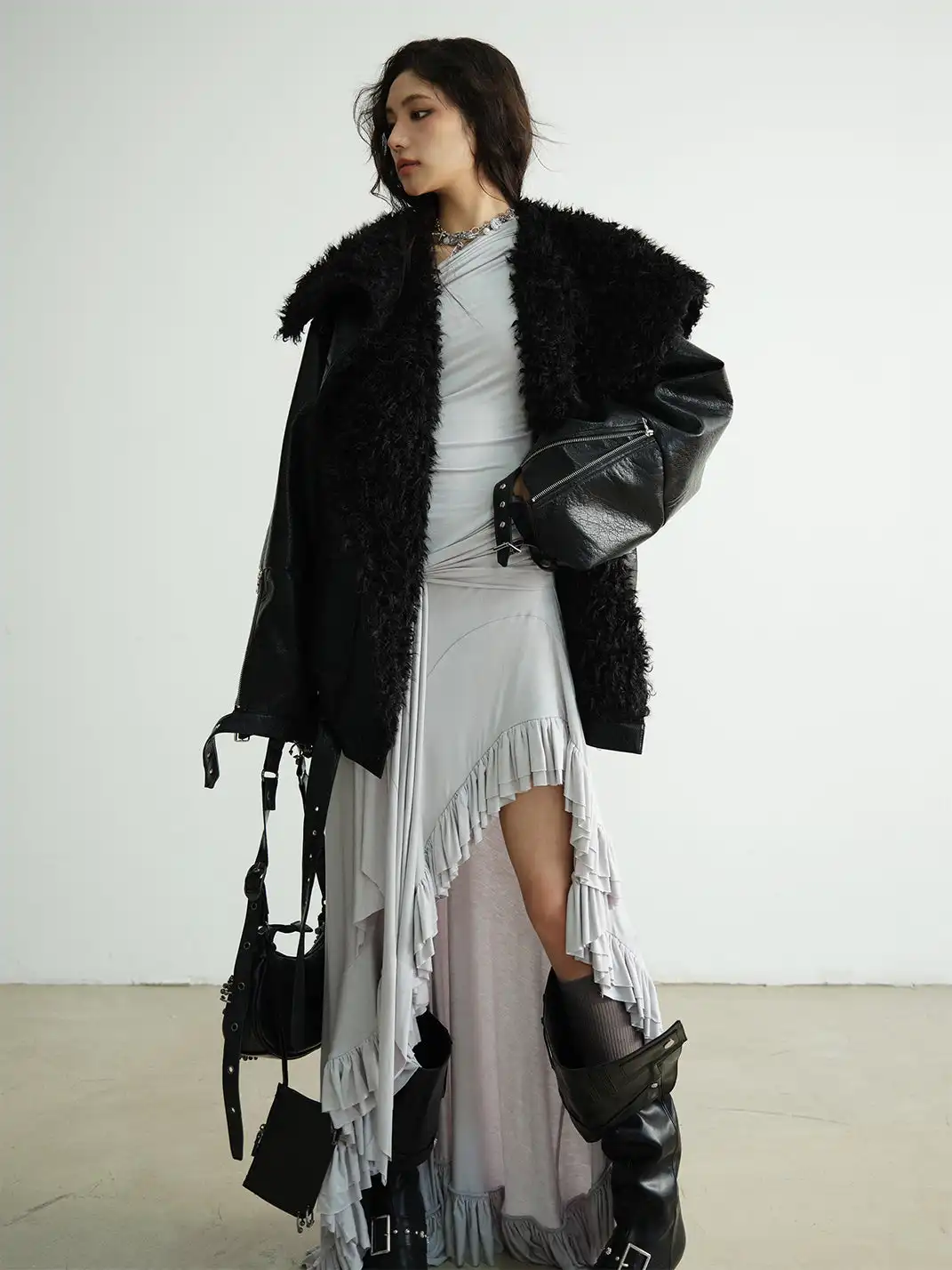 Jnylon Studios | Mid-Length Heavyweight PU Leather Silhouette Jacket