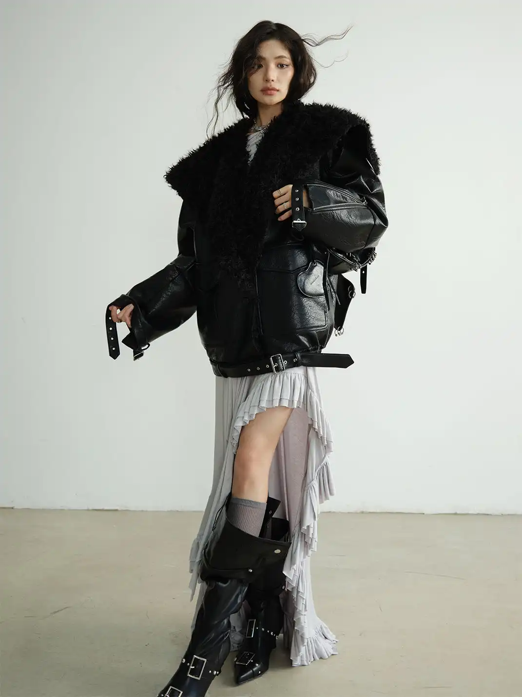 Jnylon Studios | Mid-Length Heavyweight PU Leather Silhouette Jacket