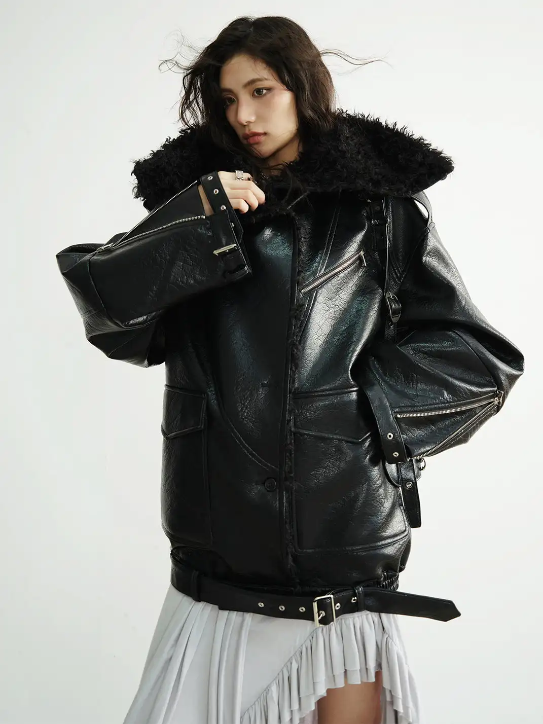 Jnylon Studios | Mid-Length Heavyweight PU Leather Silhouette Jacket