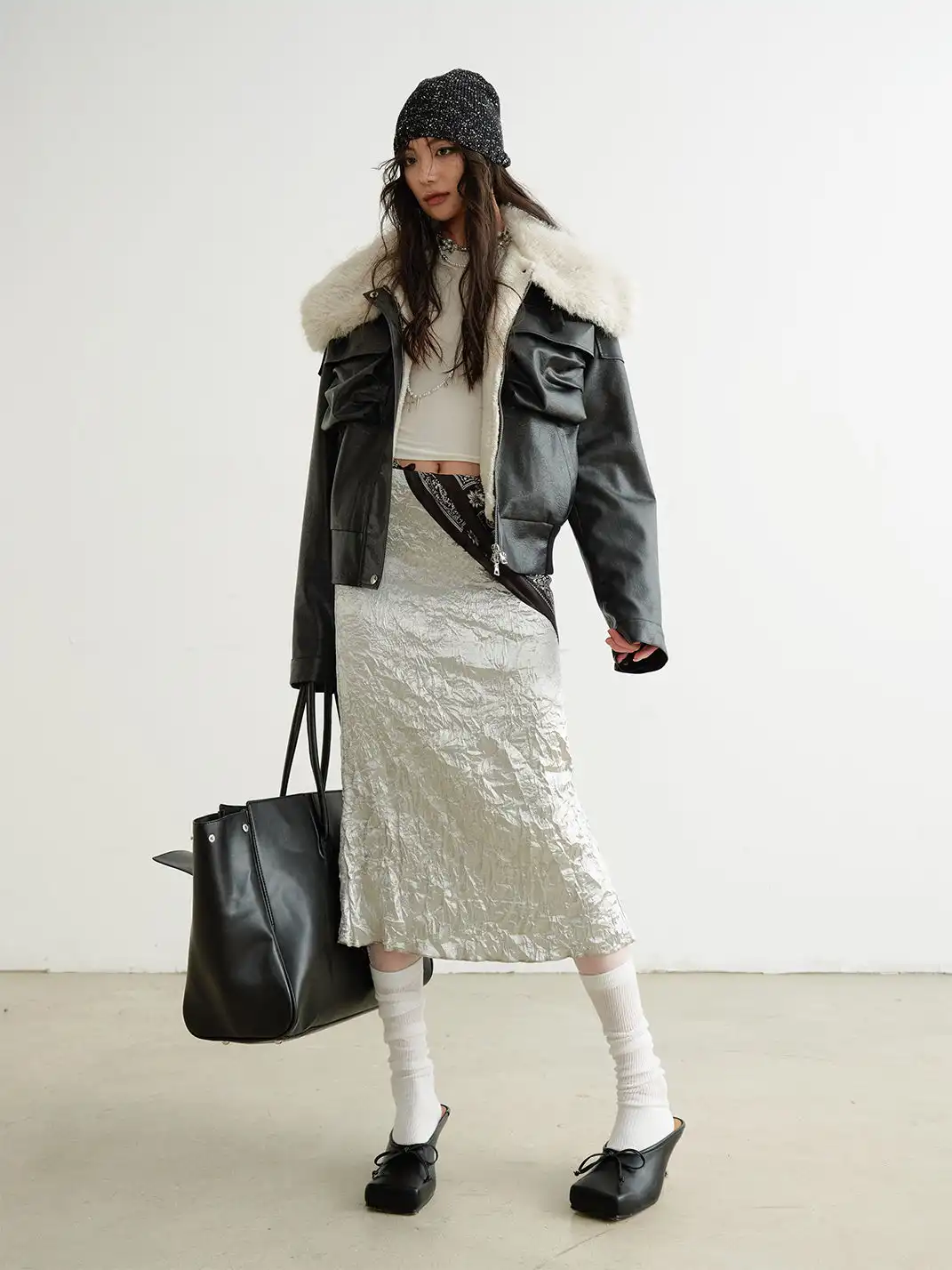 Jnylon Studios | Faux Leather Turtleneck Jacket With Fur Collar