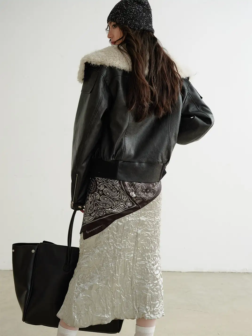 Jnylon Studios | Faux Leather Turtleneck Jacket With Fur Collar