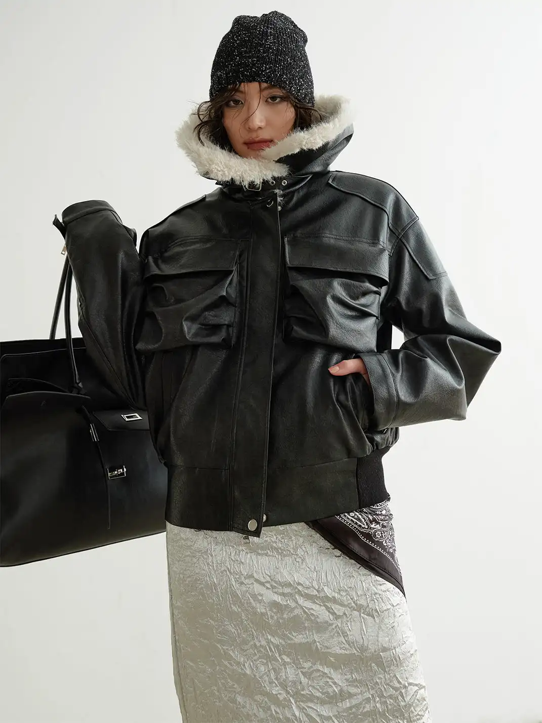 Jnylon Studios | Faux Leather Turtleneck Jacket With Fur Collar