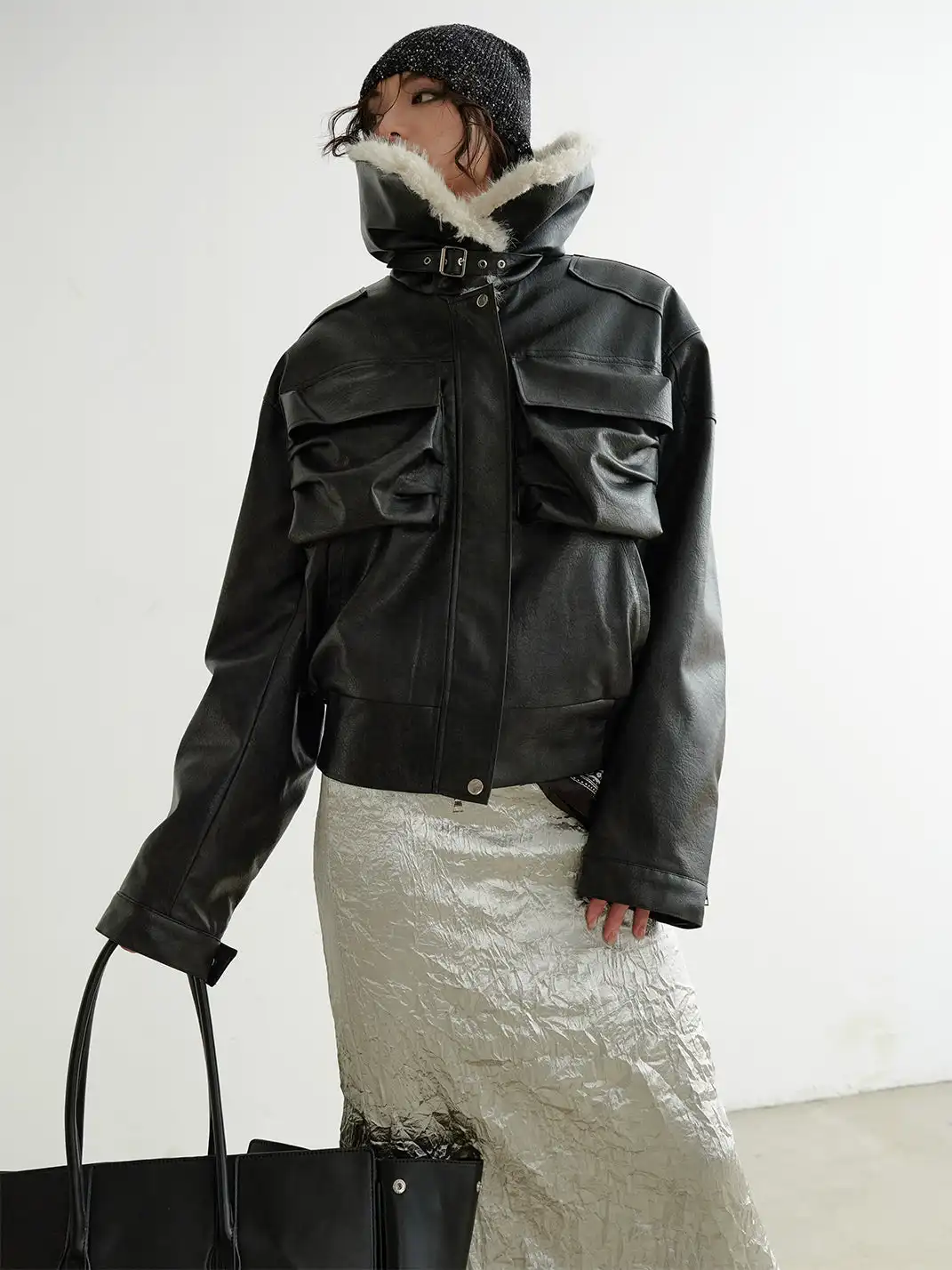 Jnylon Studios | Faux Leather Turtleneck Jacket With Fur Collar