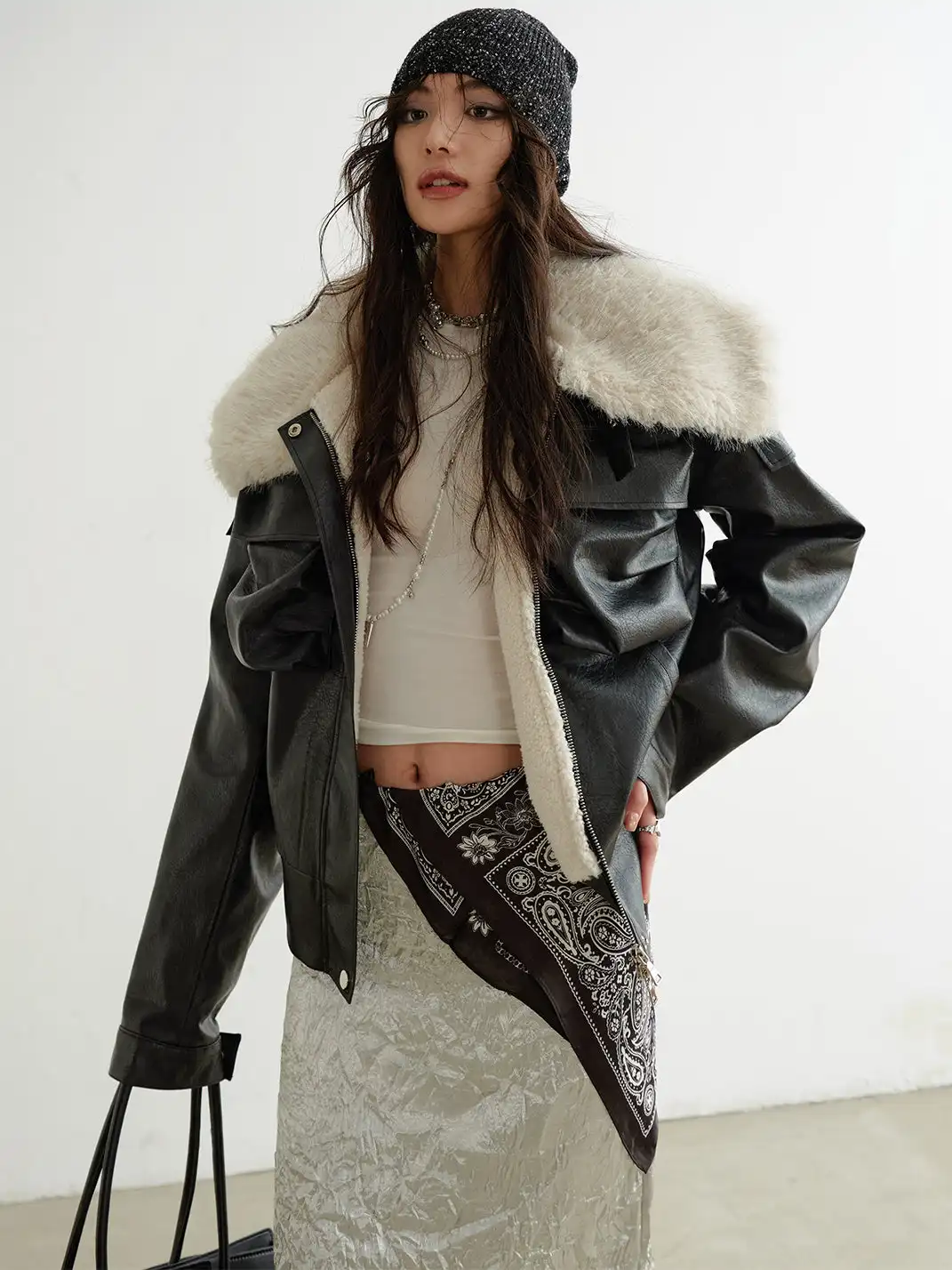 Jnylon Studios | Faux Leather Turtleneck Jacket With Fur Collar