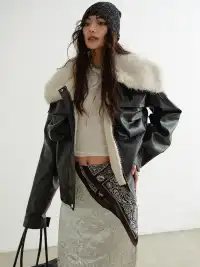 Jnylon Studios | Faux Leather Turtleneck Jacket With Fur Collar