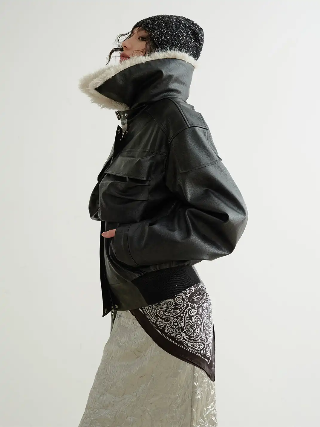 Jnylon Studios | Faux Leather Turtleneck Jacket With Fur Collar