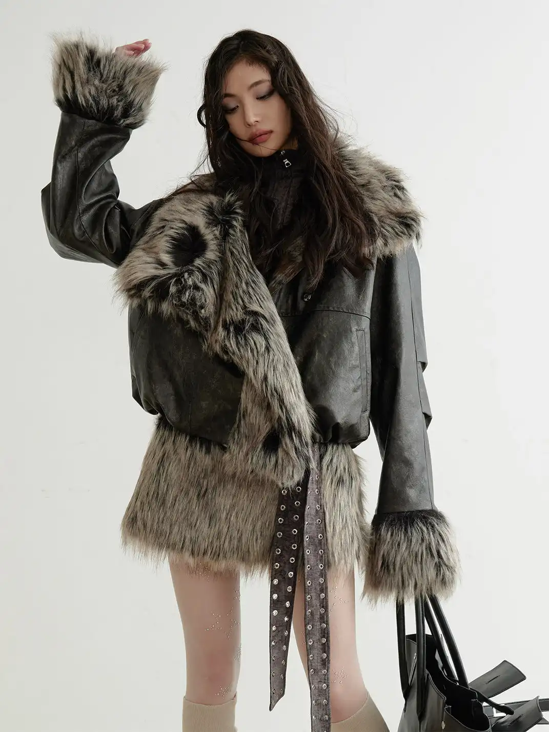 Jnylon Studios | Studded Fur Turtleneck Vest Dress