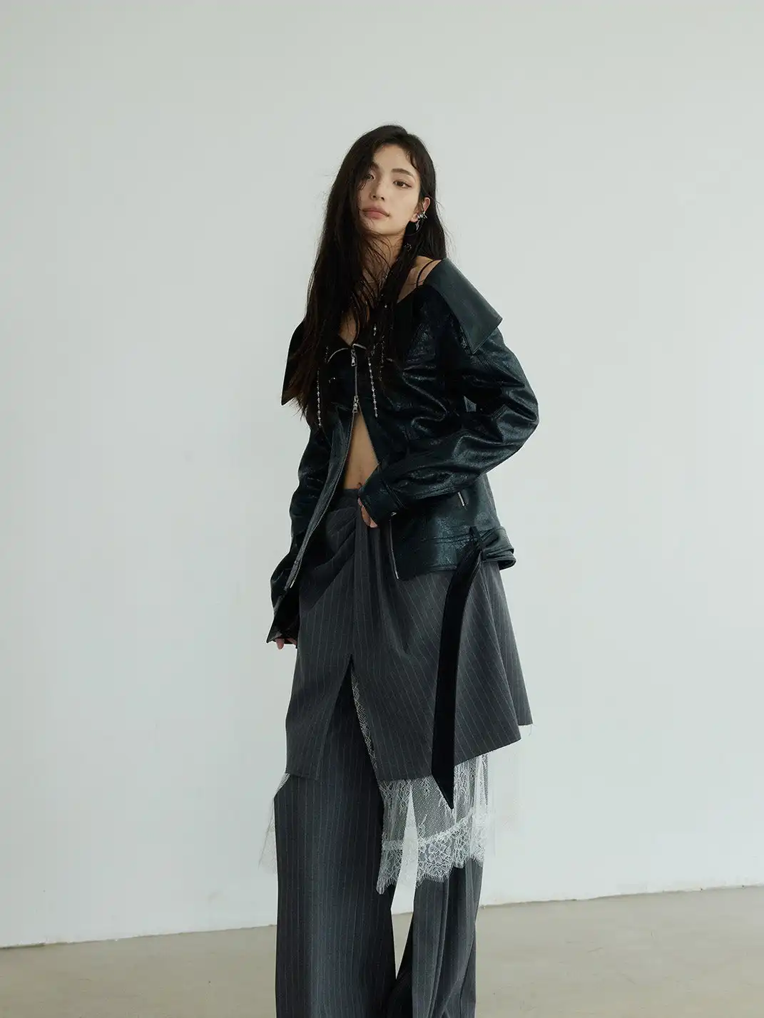 Jnylon Studios | Gray Striped Skirt And Trousers