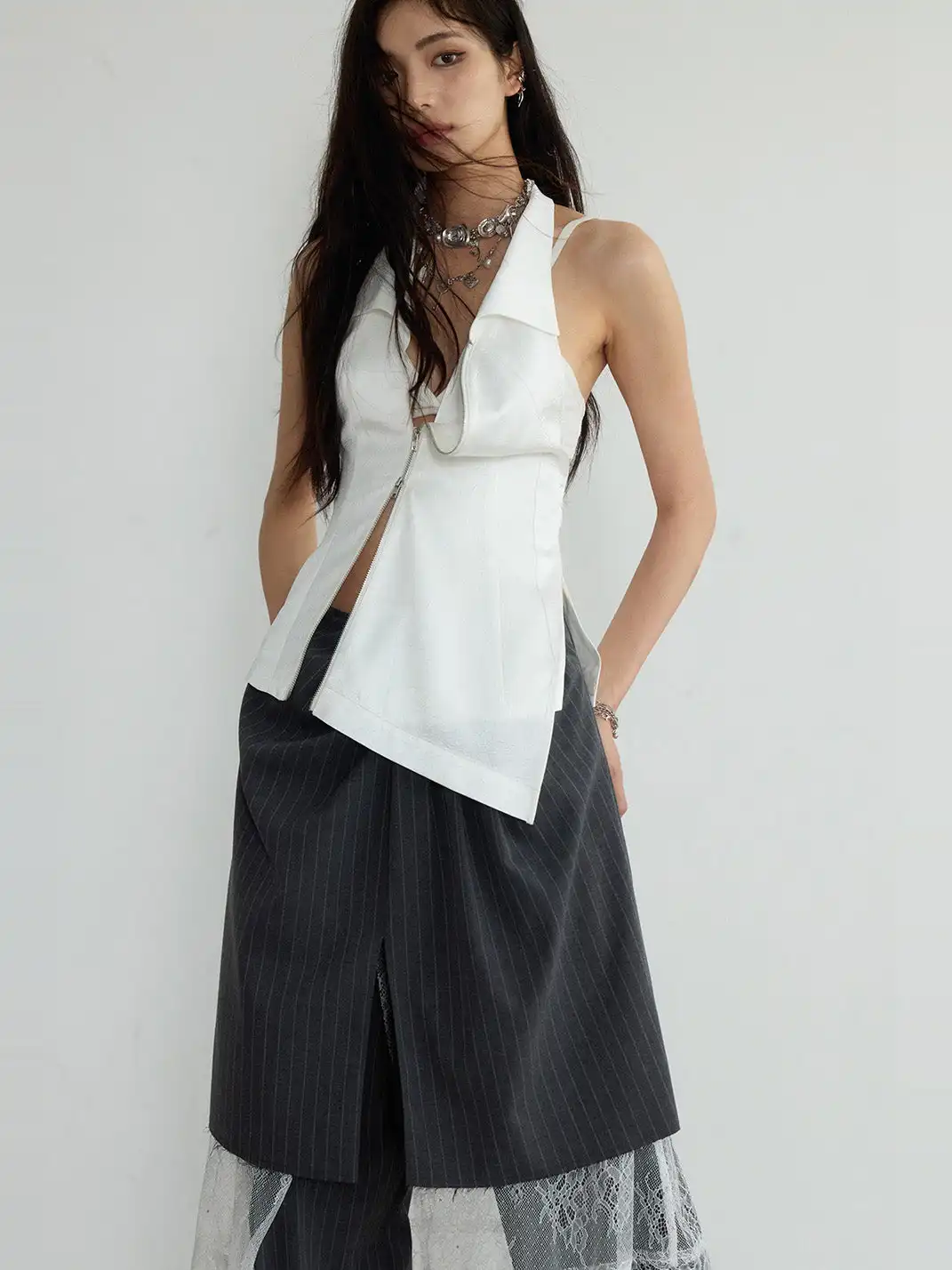 Jnylon Studios | Gray Striped Skirt And Trousers