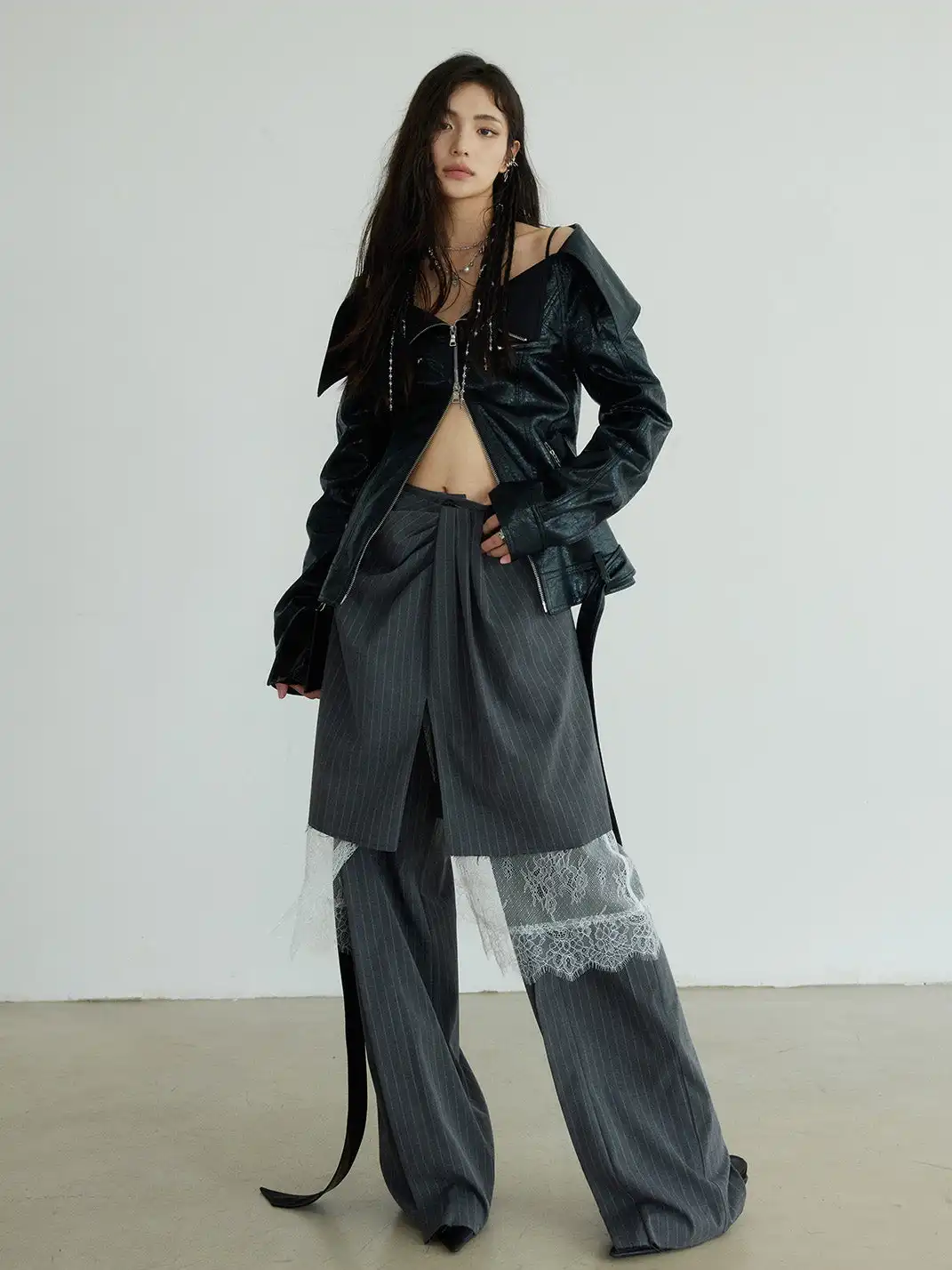 Jnylon Studios | Gray Striped Skirt And Trousers